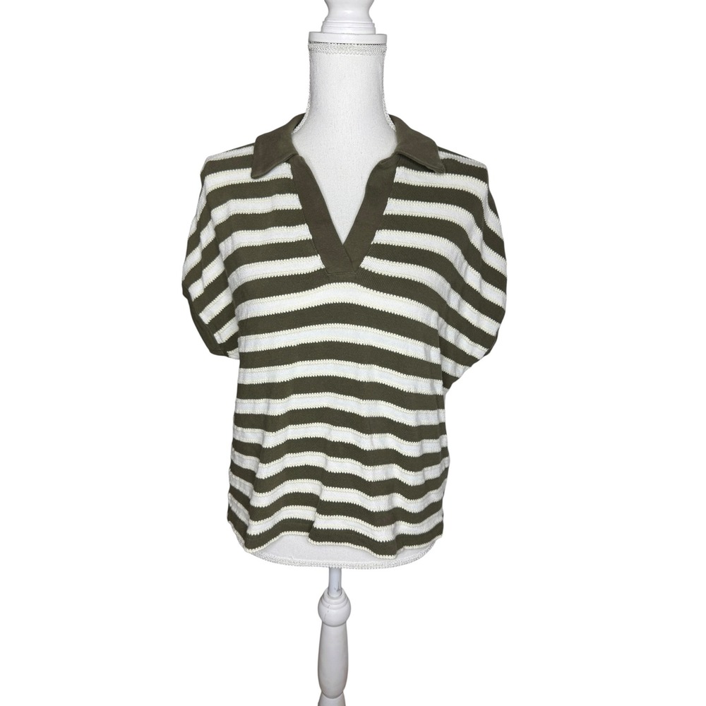 Madewell Relaxed V-Neck Polo Shirt in Stripe Faded Ivy Green Knit Cotton Small